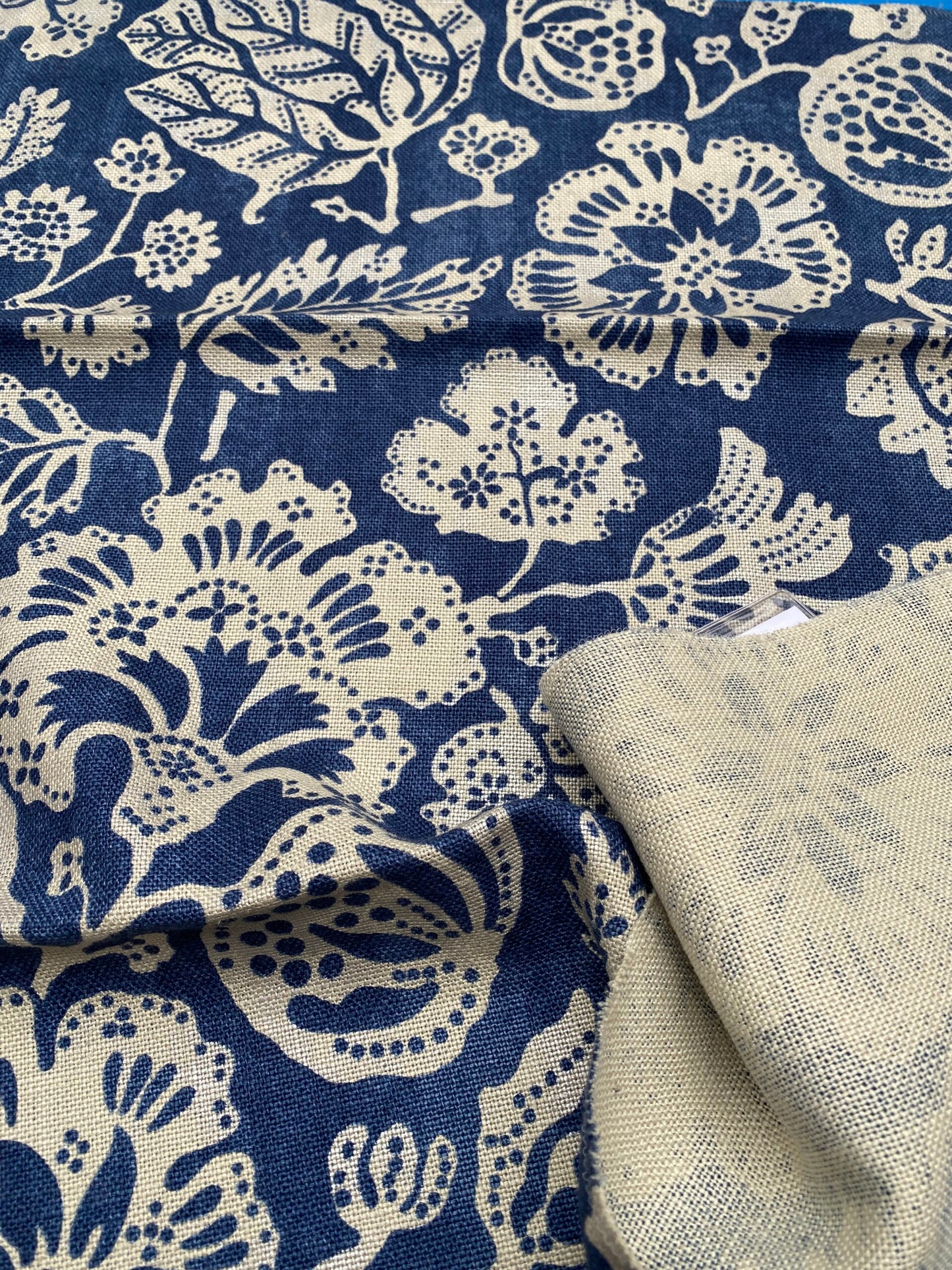 89 Berkbox77 Square Printed Fabric by Scalamandre Calais Linen Print Indigo Navy Blue Cream White Floral MSRP 300+/y