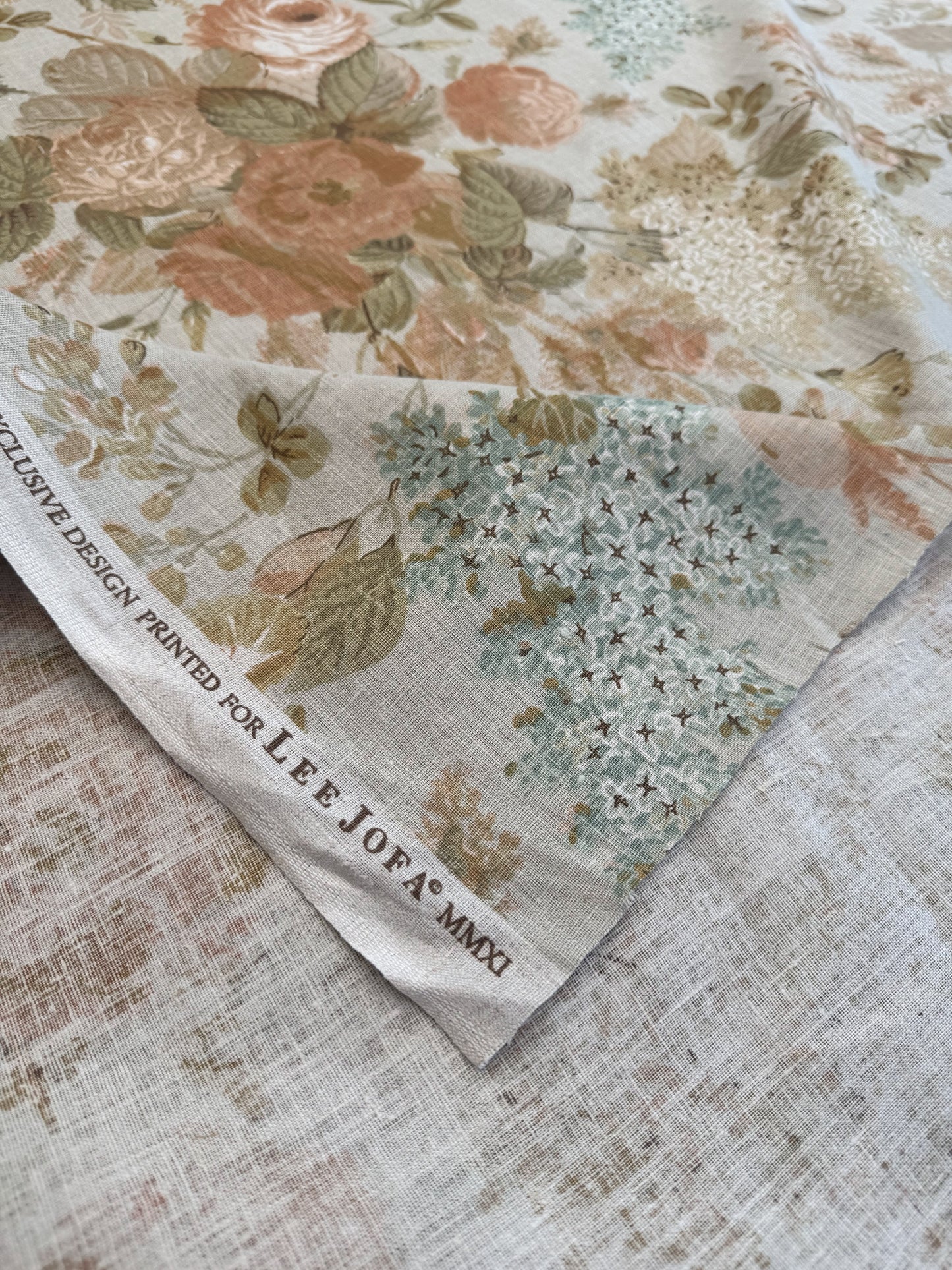 Lee Jofa Clarendon Linen Print Floral Beige Pink Blue Natural English Cottage Garden Heavy Linen Lilac Rose - By The Yard- MSRP USD 276/y