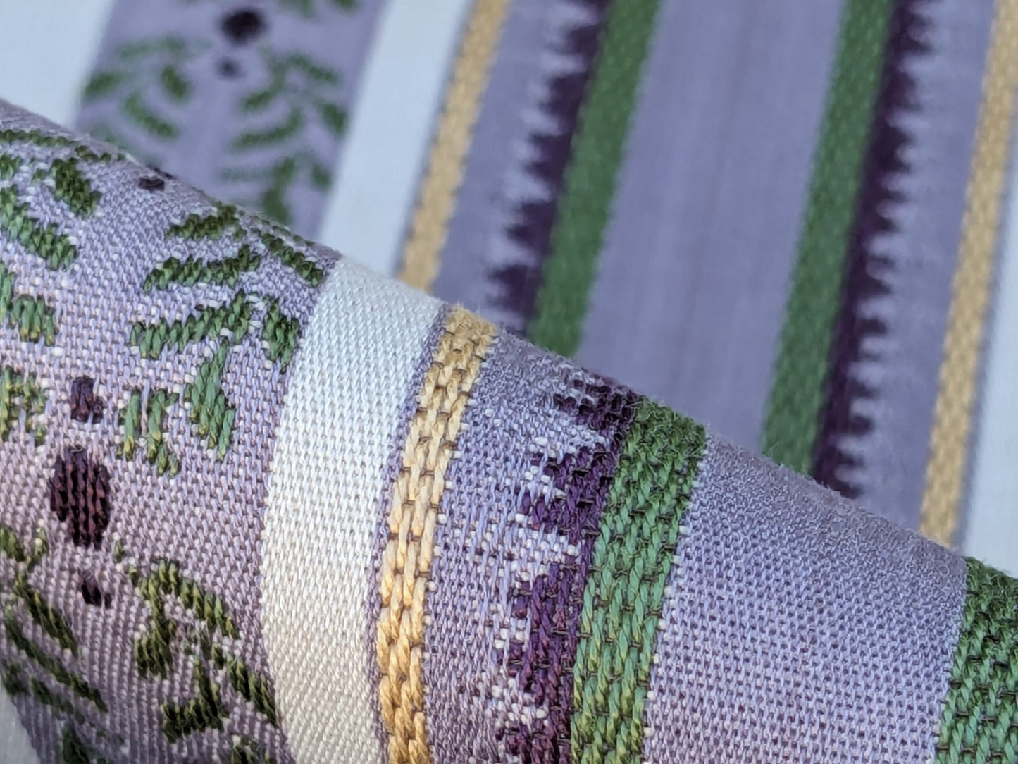 Scalamandre Loring II in Lavender Purple Green Neoclassic Flower Stripe Laurel Wreath Jacquard MSRP USD256/y