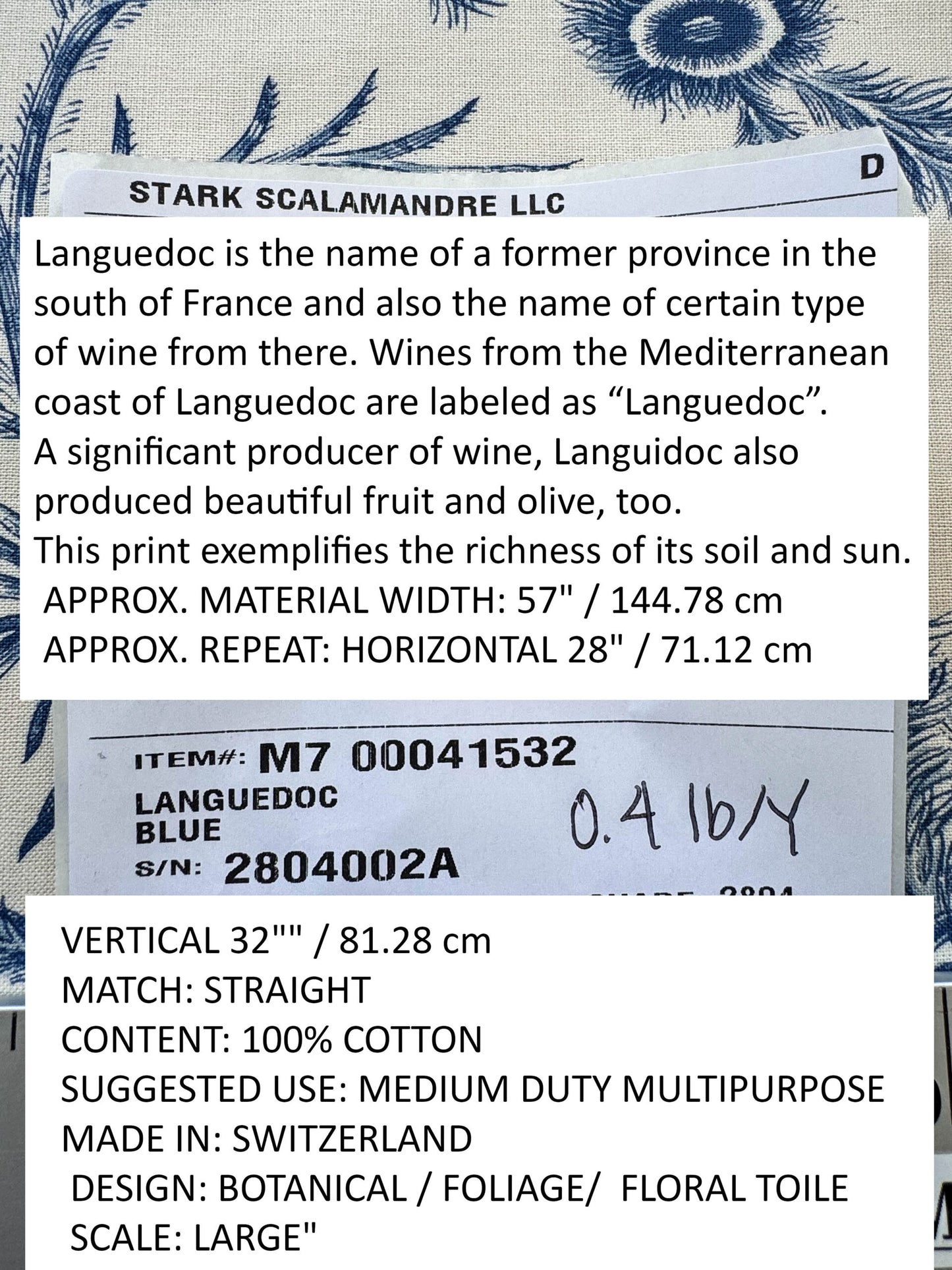 by yard Scalamandre Grey Watkins Languedoc Blue White Botanic Fern and Thistle Southern France Toile Circa 1790 MSRP USD 364/y