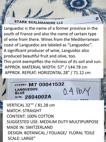 by yard Scalamandre Grey Watkins Languedoc Blue White Botanic Fern and Thistle Southern France Toile Circa 1790 MSRP USD 364/y
