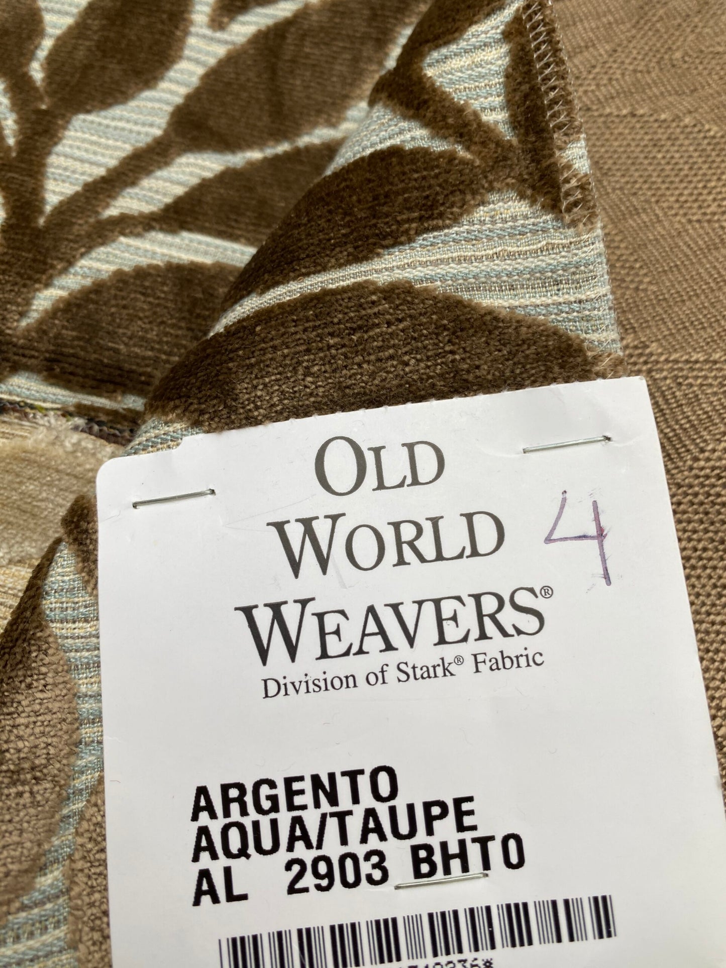 4 Berkbox78 Square Velvet by Scalamandre Argento Aqua/Taupe Cut-Velvet Leaves Brown 1yd x 25"  MSRP USD 380/y