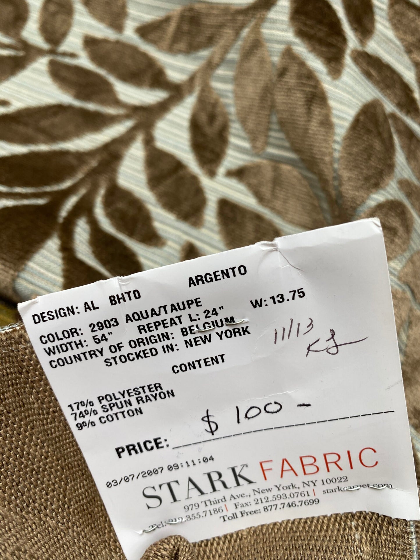 4 Berkbox78 Square Velvet by Scalamandre Argento Aqua/Taupe Cut-Velvet Leaves Brown 1yd x 25"  MSRP USD 380/y