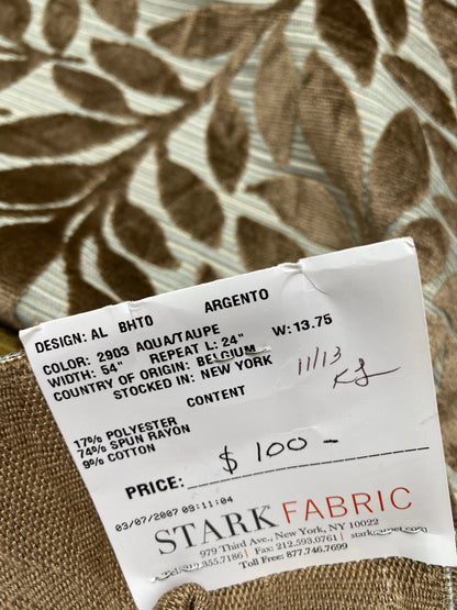 4 Berkbox78 Square Velvet by Scalamandre Argento Aqua/Taupe Cut-Velvet Leaves Brown 1yd x 25"  MSRP USD 380/y