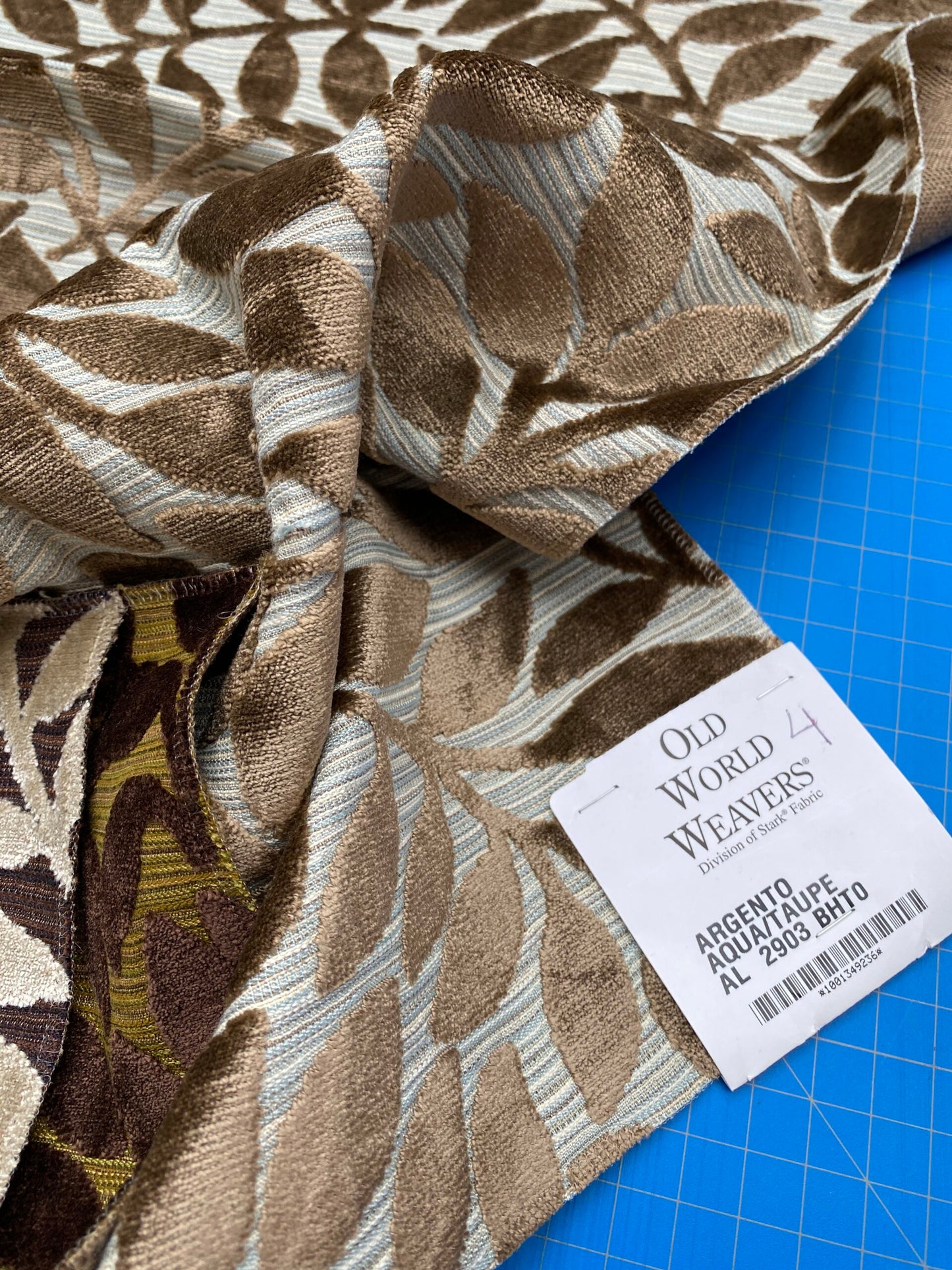 4 Berkbox78 Square Velvet by Scalamandre Argento Aqua/Taupe Cut-Velvet Leaves Brown 1yd x 25"  MSRP USD 380/y