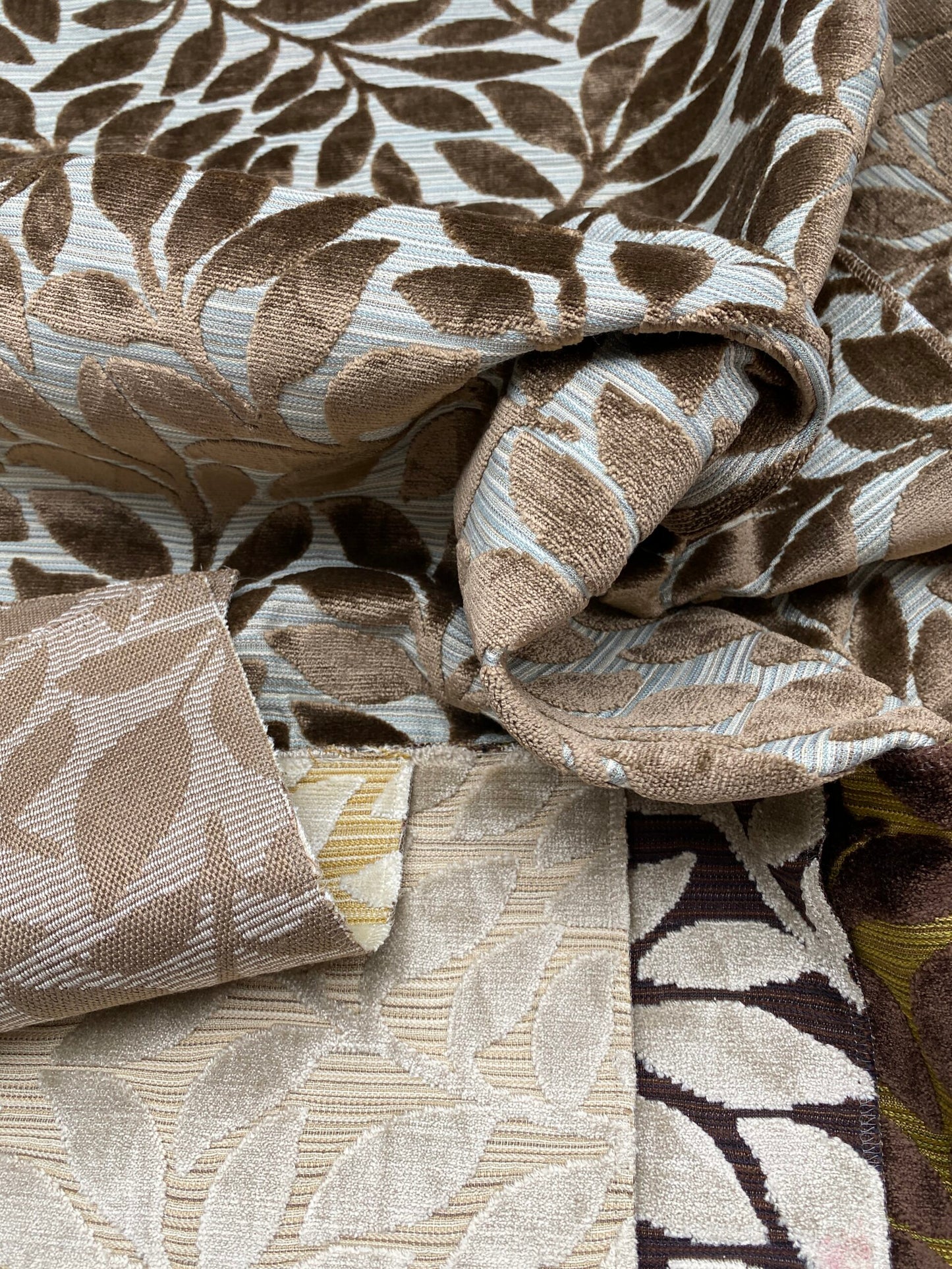 4 Berkbox78 Square Velvet by Scalamandre Argento Aqua/Taupe Cut-Velvet Leaves Brown 1yd x 25"  MSRP USD 380/y
