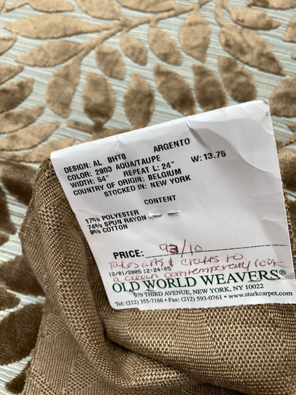 5 Berkbox78 Square Velvet by Scalamandre Argento Aqua/Taupe Cut-Velvet Leaves Brown 1yd x 25"  MSRP USD 380/y