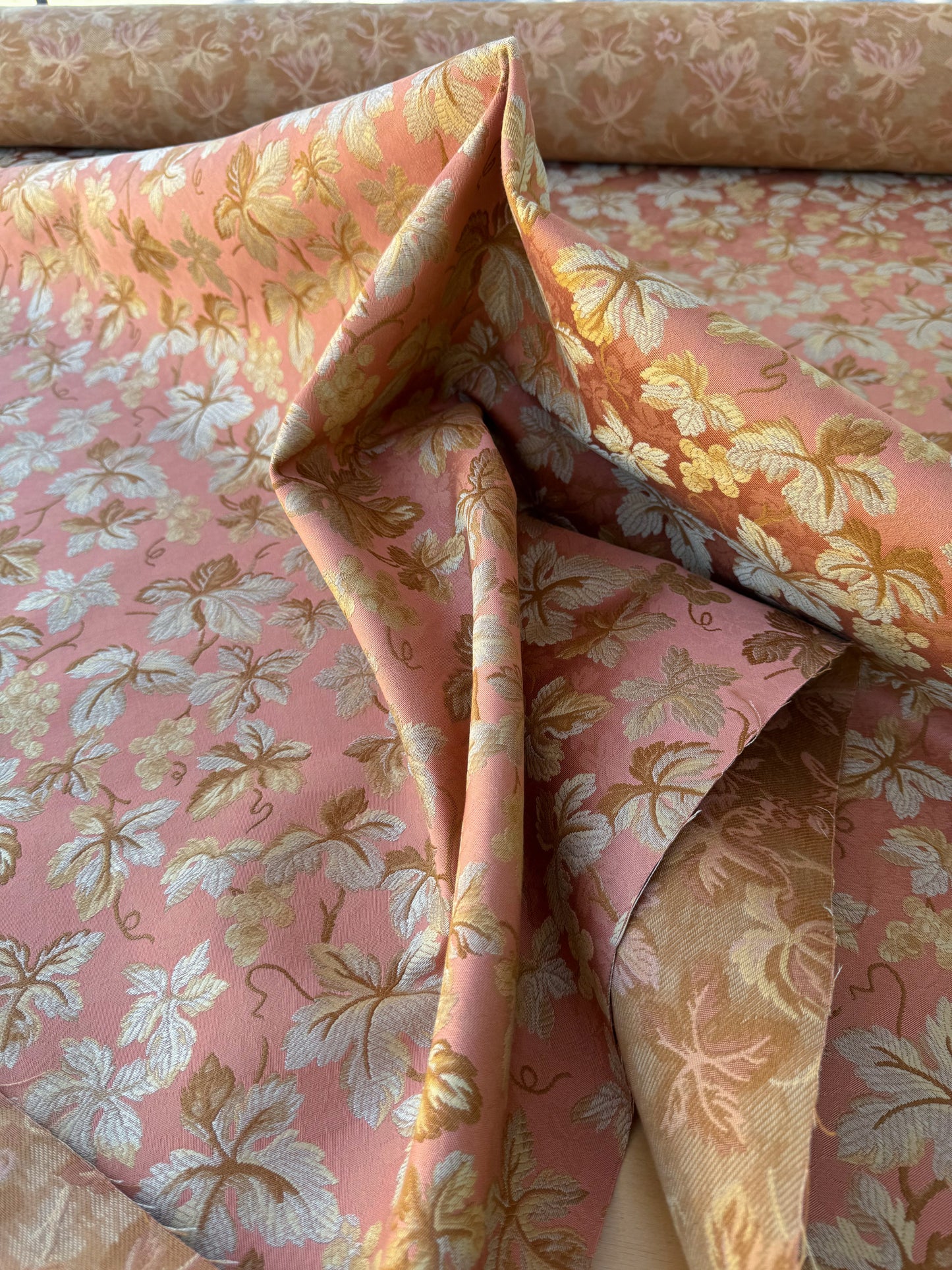 Beacon Hill Ivy Arbor Dark Apricot Silk Pink Red Gold Foliage Grape Vine Silk Lampas Floral Heavy