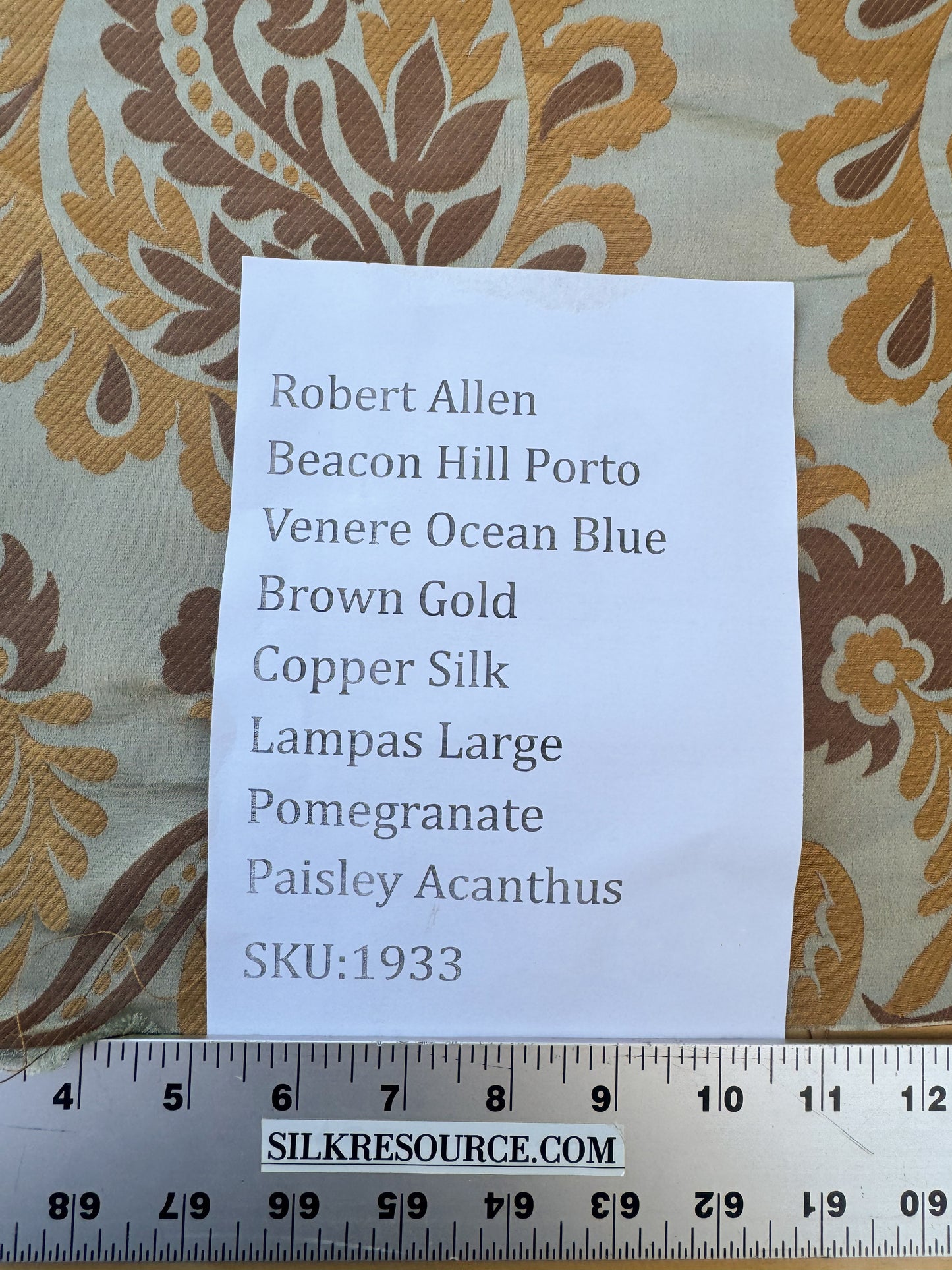 Robert Allen Beacon Hill Portovenere Ocean Blue Brown Gold Copper Silk Lampas Large Pomegranate Paisley Acanthus MSRP USD300+