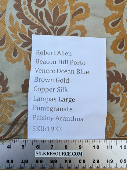 Robert Allen Beacon Hill Portovenere Ocean Blue Brown Gold Copper Silk Lampas Large Pomegranate Paisley Acanthus MSRP USD300+