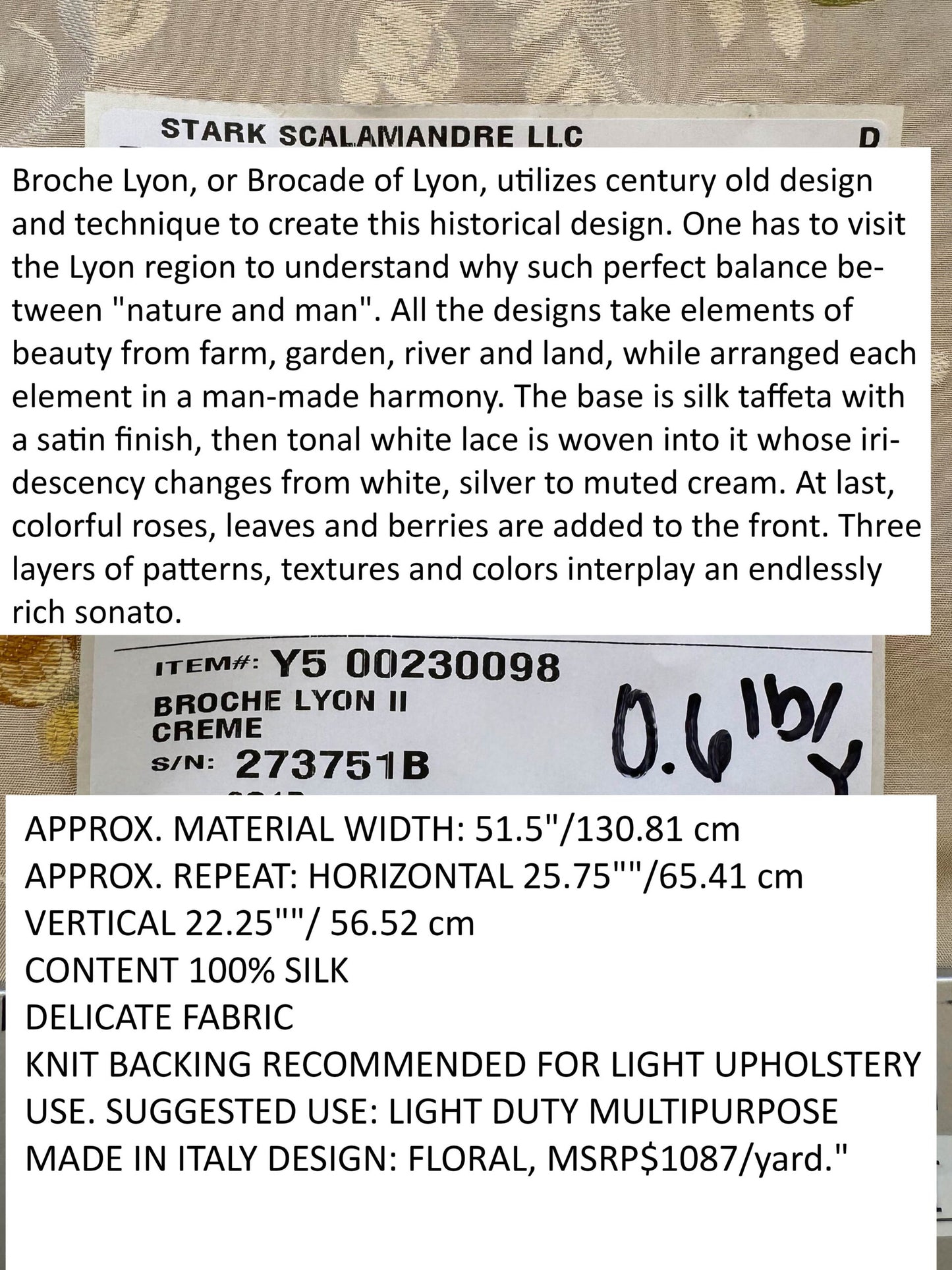 1yard Scalamandre Broche Lyon II Creme Silk Floral Cream Beige MSRP USD 1087/y