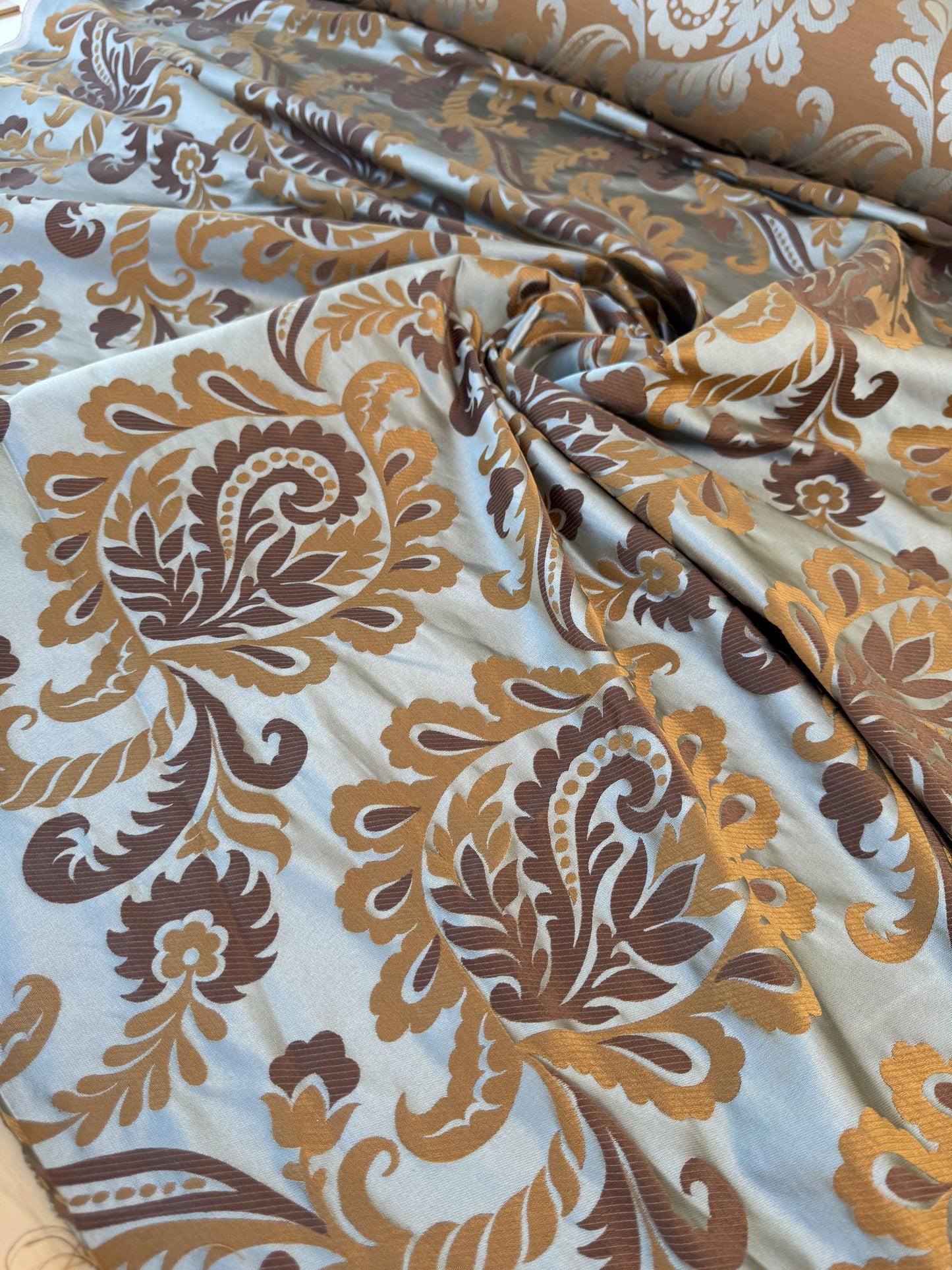 Robert Allen Beacon Hill Portovenere Ocean Blue Brown Gold Copper Silk Lampas Large Pomegranate Paisley Acanthus MSRP USD300+