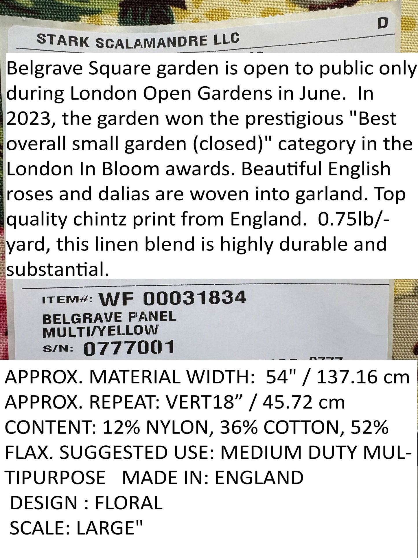 Scalamandre Belgrave Panel Multi/Yellow Red Green White Floral Dalia Rose Morning Glory Large Scale Cotton Linen Chintz MSRP USD 170/y