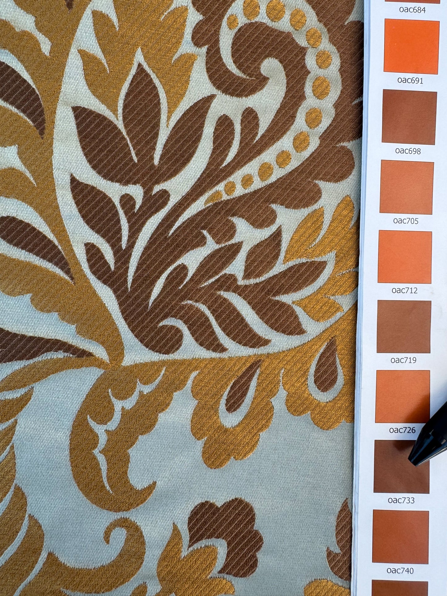 Robert Allen Beacon Hill Portovenere Ocean Blue Brown Gold Copper Silk Lampas Large Pomegranate Paisley Acanthus MSRP USD300+