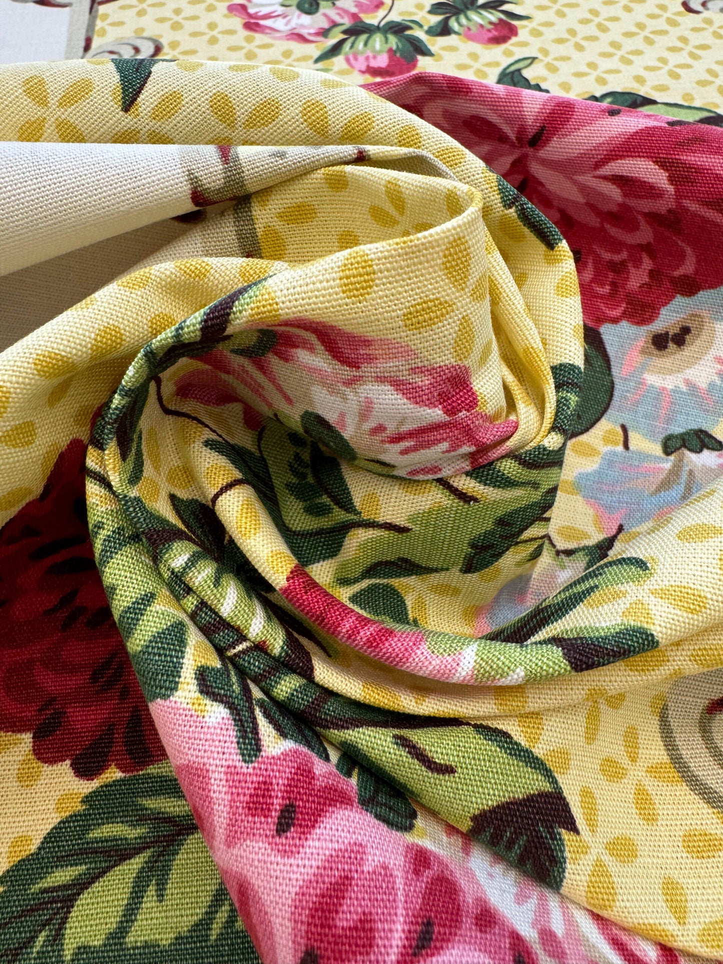 Scalamandre Belgrave Panel Multi/Yellow Red Green White Floral Dalia Rose Morning Glory Large Scale Cotton Linen Chintz MSRP USD 170/y