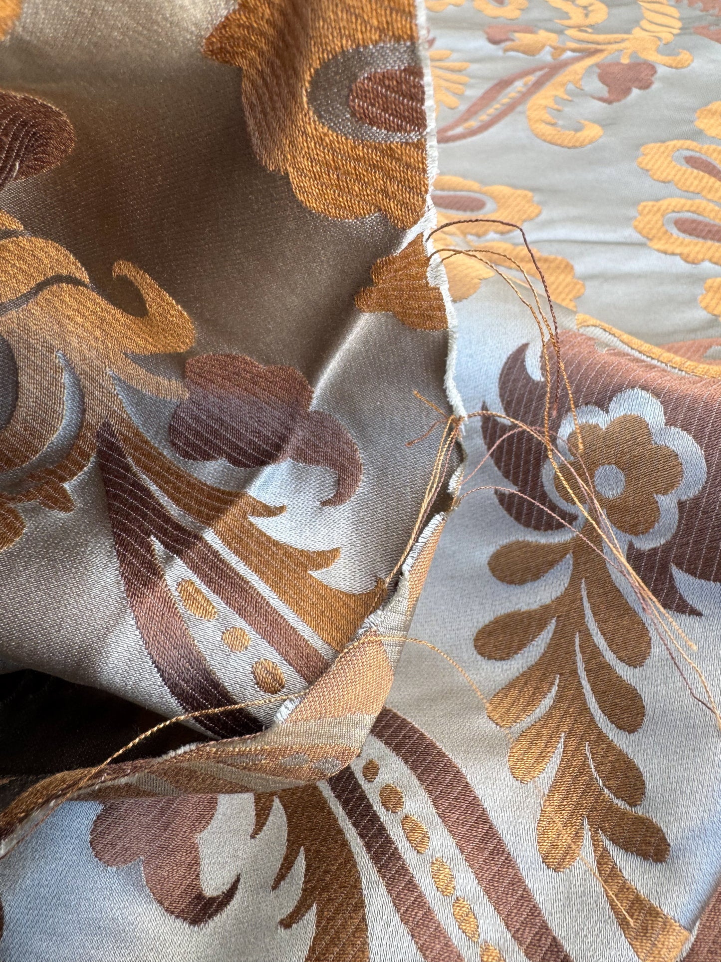 Robert Allen Beacon Hill Portovenere Ocean Blue Brown Gold Copper Silk Lampas Large Pomegranate Paisley Acanthus MSRP USD300+