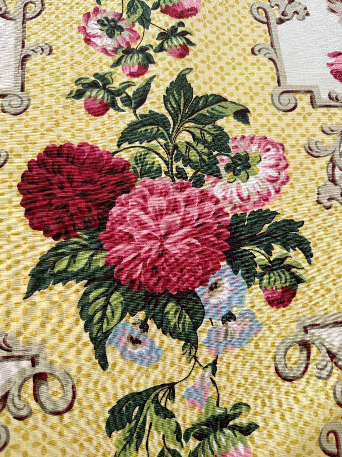 Scalamandre Belgrave Panel Multi/Yellow Red Green White Floral Dalia Rose Morning Glory Large Scale Cotton Linen Chintz MSRP USD 170/y