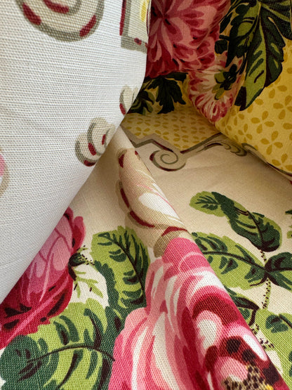 Scalamandre Belgrave Panel Multi/Yellow Red Green White Floral Dalia Rose Morning Glory Large Scale Cotton Linen Chintz MSRP USD 170/y