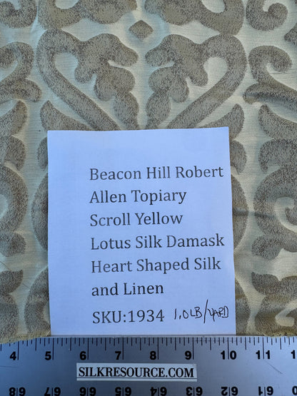 Beacon Hill Robert Allen Topiary Scroll Yellow Lotus Silk Damask Heart Shaped Yellow Gold Brown Metallic Silk and Linen