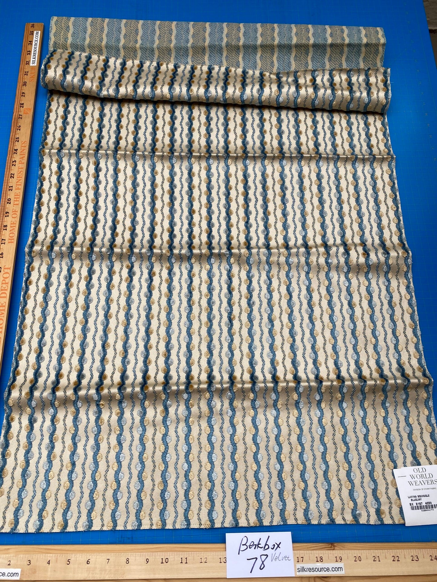 19 Berkbox78 Square Velvet by Old World Weavers Lavina Squiggle Bluejay Blue  Beige Dot Circle Stripe Viscose 1.2y x 24" MSRP USD 300/y