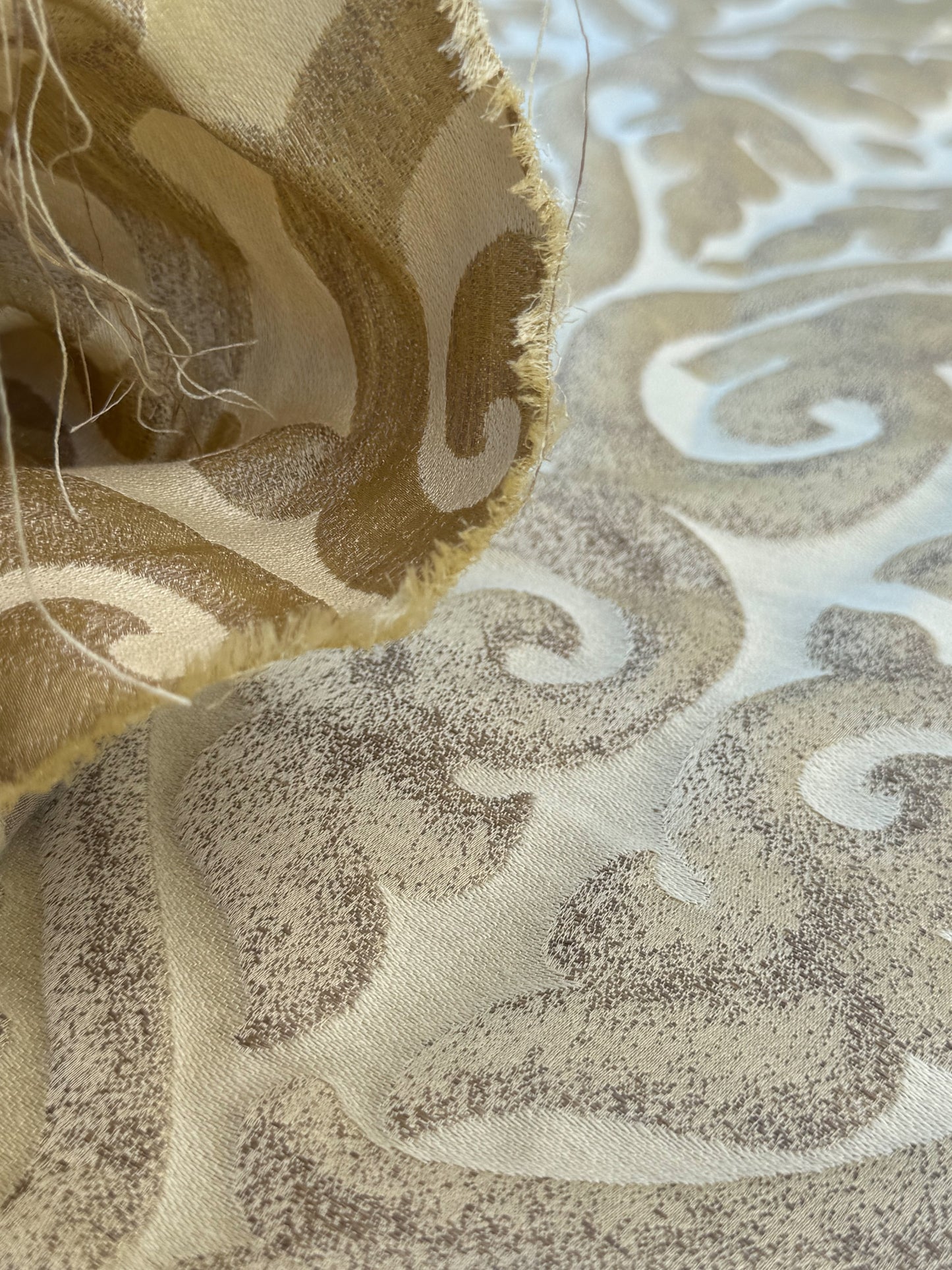 Beacon Hill Robert Allen Topiary Scroll Yellow Lotus Silk Damask Heart Shaped Yellow Gold Brown Metallic Silk and Linen