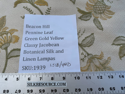 Beacon Hill Pennine Leaf Green Gold Yellow Classy Jacobean Botanical Silk and Linen Lampas MSRP USD195