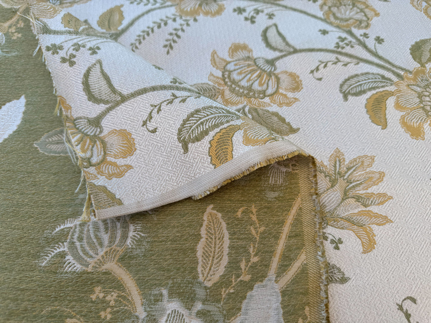 Beacon Hill Pennine Leaf Green Gold Yellow Classy Jacobean Botanical Silk and Linen Lampas MSRP USD195