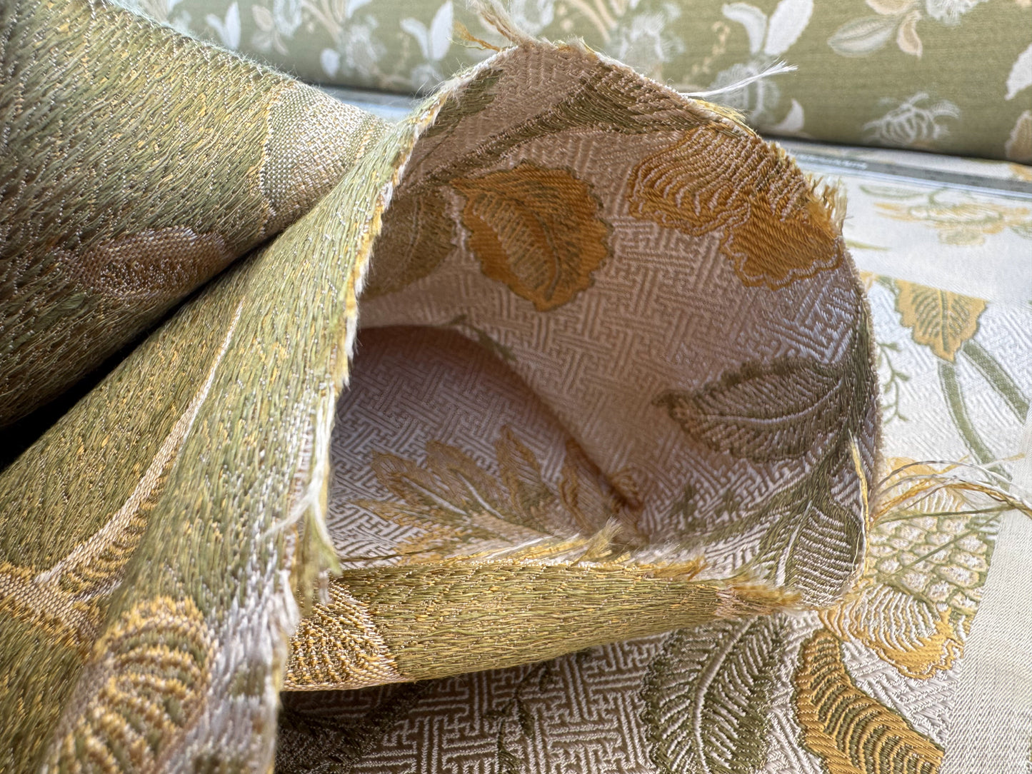 Beacon Hill Pennine Leaf Green Gold Yellow Classy Jacobean Botanical Silk and Linen Lampas MSRP USD195