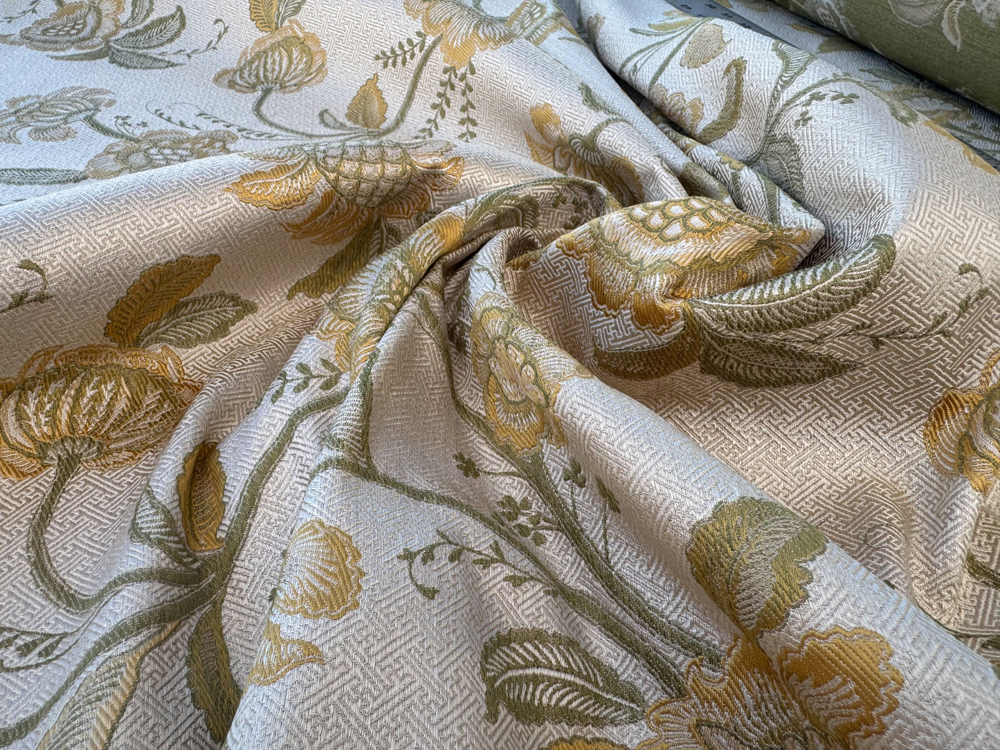 Beacon Hill Pennine Leaf Green Gold Yellow Classy Jacobean Botanical Silk and Linen Lampas MSRP USD195