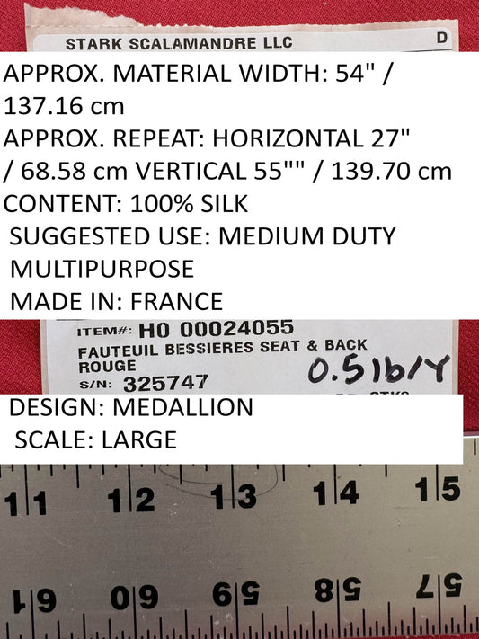 By 26"wide x51" Long  Scalamandre Fauteuil Bessieres Seat & Back Rouge Red Gold French Antique Design Medallion MSRP USD 612/y