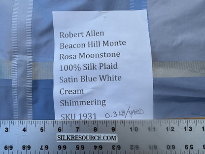 Robert Allen Beacon Hill Monte Rosa Moonstone 100% Silk Plaid Satin Ocean Blue Sky Blue Baby Blue Silver White Cream Shimmering - By The Yard