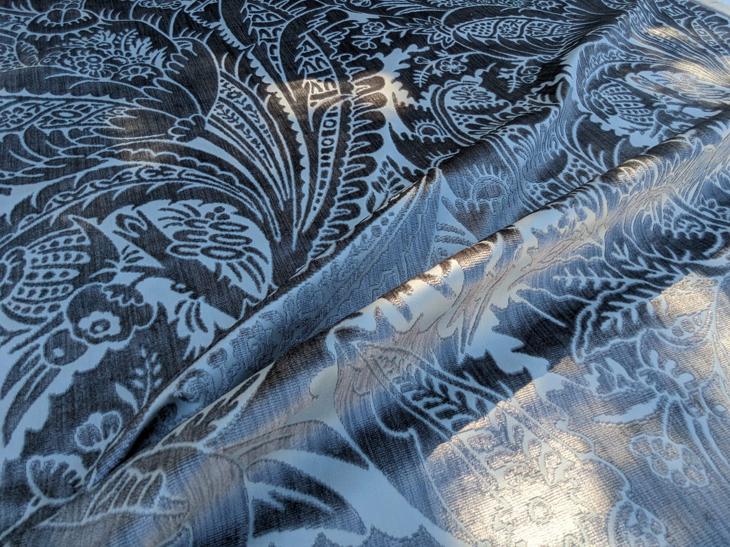 Scalamandre Welwyn in Pewter Blue Silver Cut Velvet Silk Velvet Grand Botanic Pomegranite Rose MSRP USD1000+/y