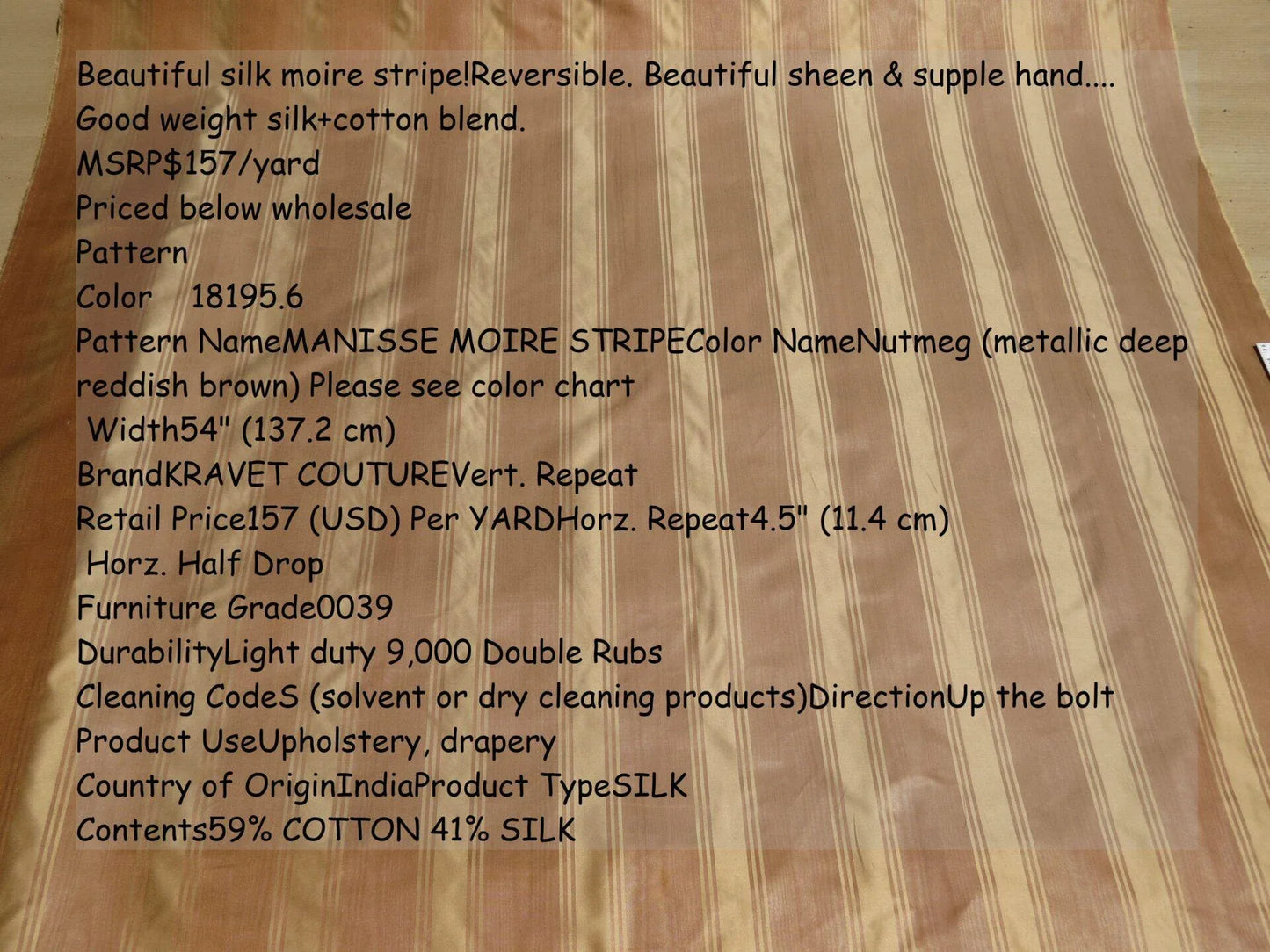 Kravet Couture Manisse Moire Stripe "nutmeg" Silk MSRP USD 157/Y