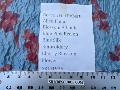 Beacon Hill Robert Allen Plum Blossom in Atlantic Blue Pink Red Cherry Peach Flower on Blue Silk Lampas Cherry Blossom Flower Impressionism