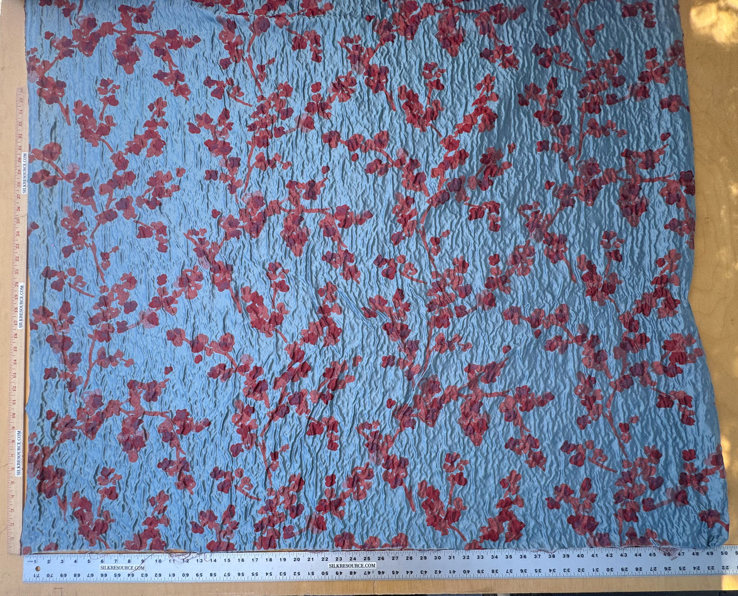 Beacon Hill Robert Allen Plum Blossom in Atlantic Blue Pink Red Cherry Peach Flower on Blue Silk Lampas Cherry Blossom Flower Impressionism
