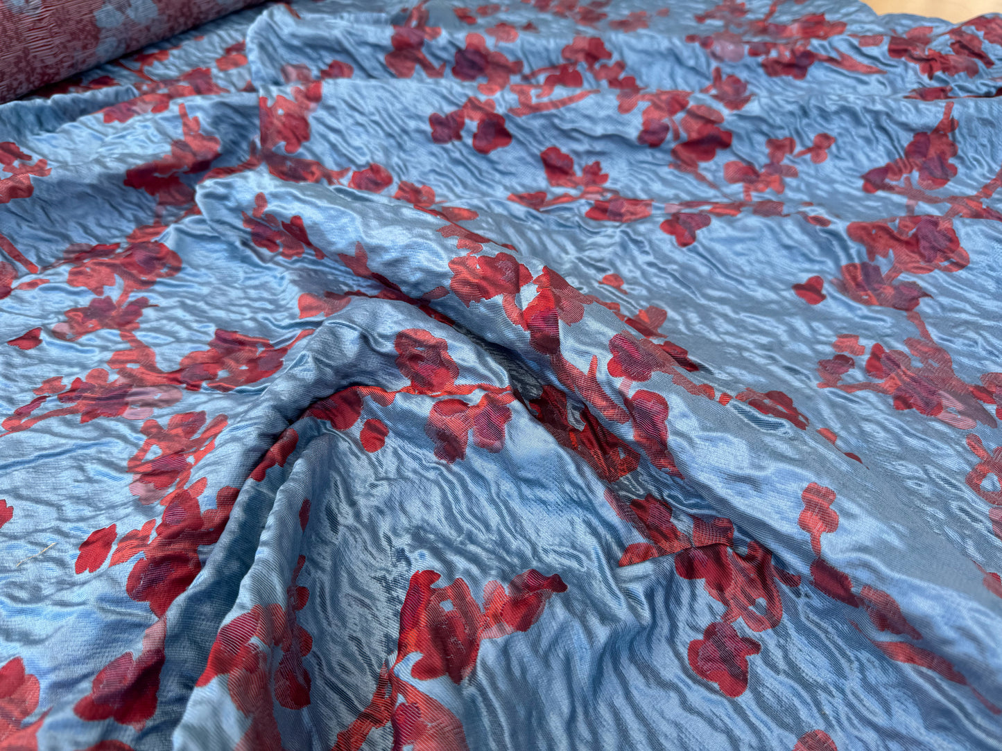 Beacon Hill Robert Allen Plum Blossom in Atlantic Blue Pink Red Cherry Peach Flower on Blue Silk Lampas Cherry Blossom Flower Impressionism