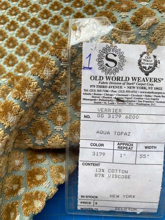 1 Berkbox79 Square Velvet by Old World Weavers Verrier Aqua Topaz Blue Brown Diamond Ogee 23"x30" MSRP USD 668/y
