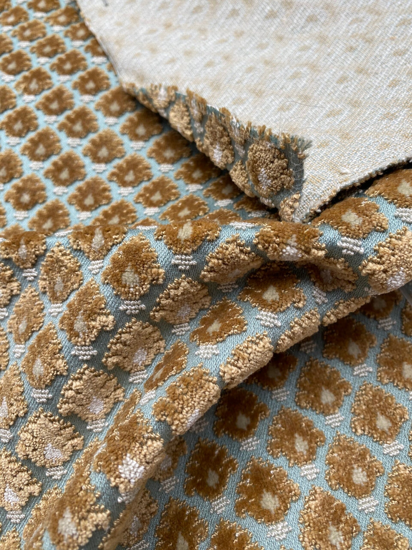 2 Berkbox79 Square Velvet by  Old World Weavers Verrier Aqua Topaz Blue Brown Diamond Ogee 24"x 29" MSRP USD 668/y