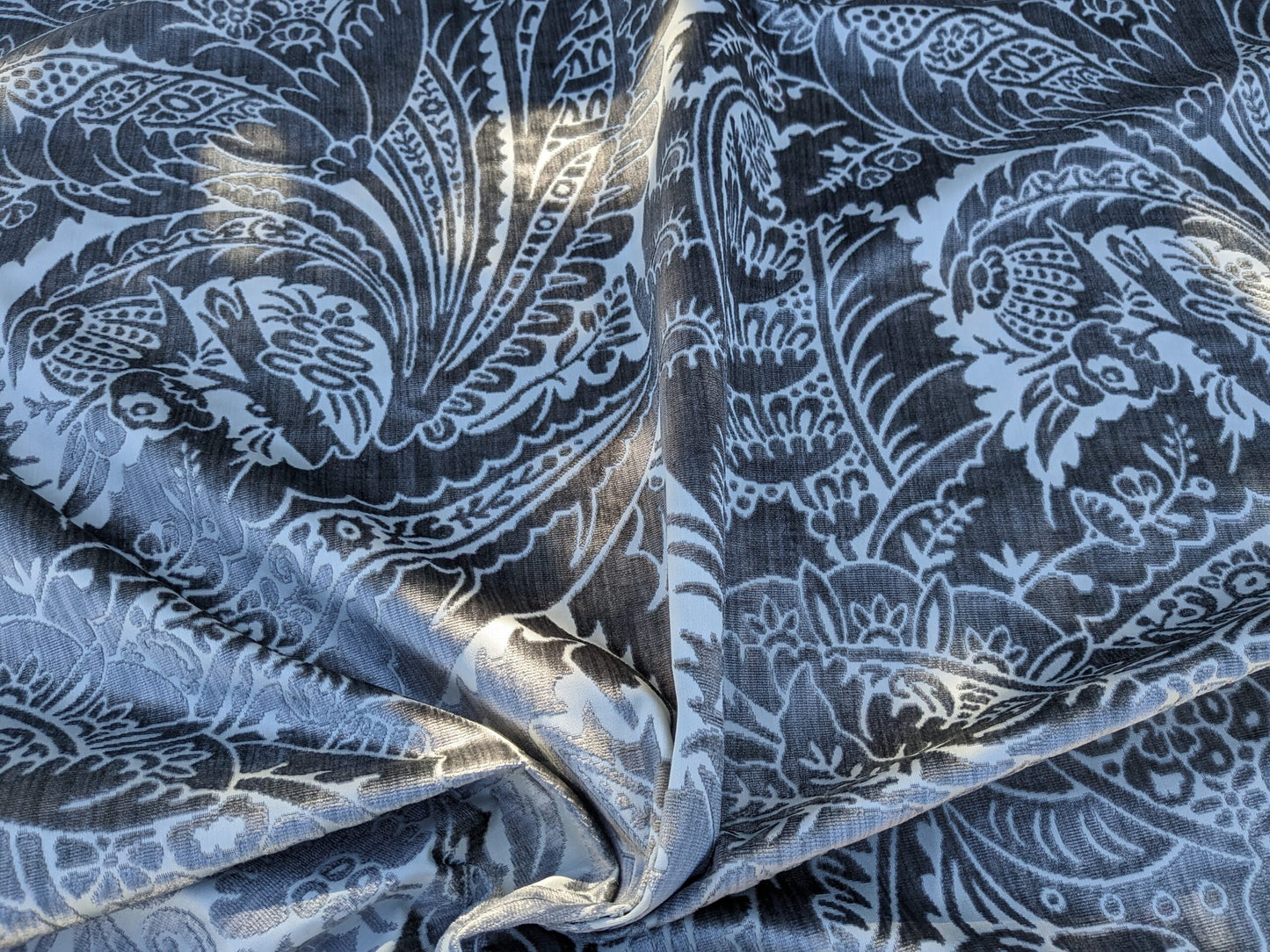 Scalamandre Welwyn in Pewter Blue Silver Cut Velvet Silk Velvet Grand Botanic Pomegranite Rose MSRP USD1000+/y