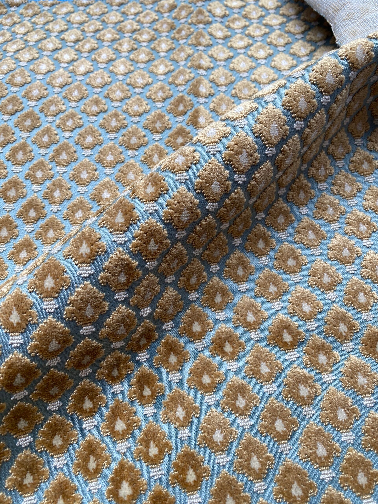 3 Berkbox79 Square Velvet by Old World Weavers Verrier Aqua Topaz Blue Brown Diamond Ogee 18"x 25" MSRP USD 668/y