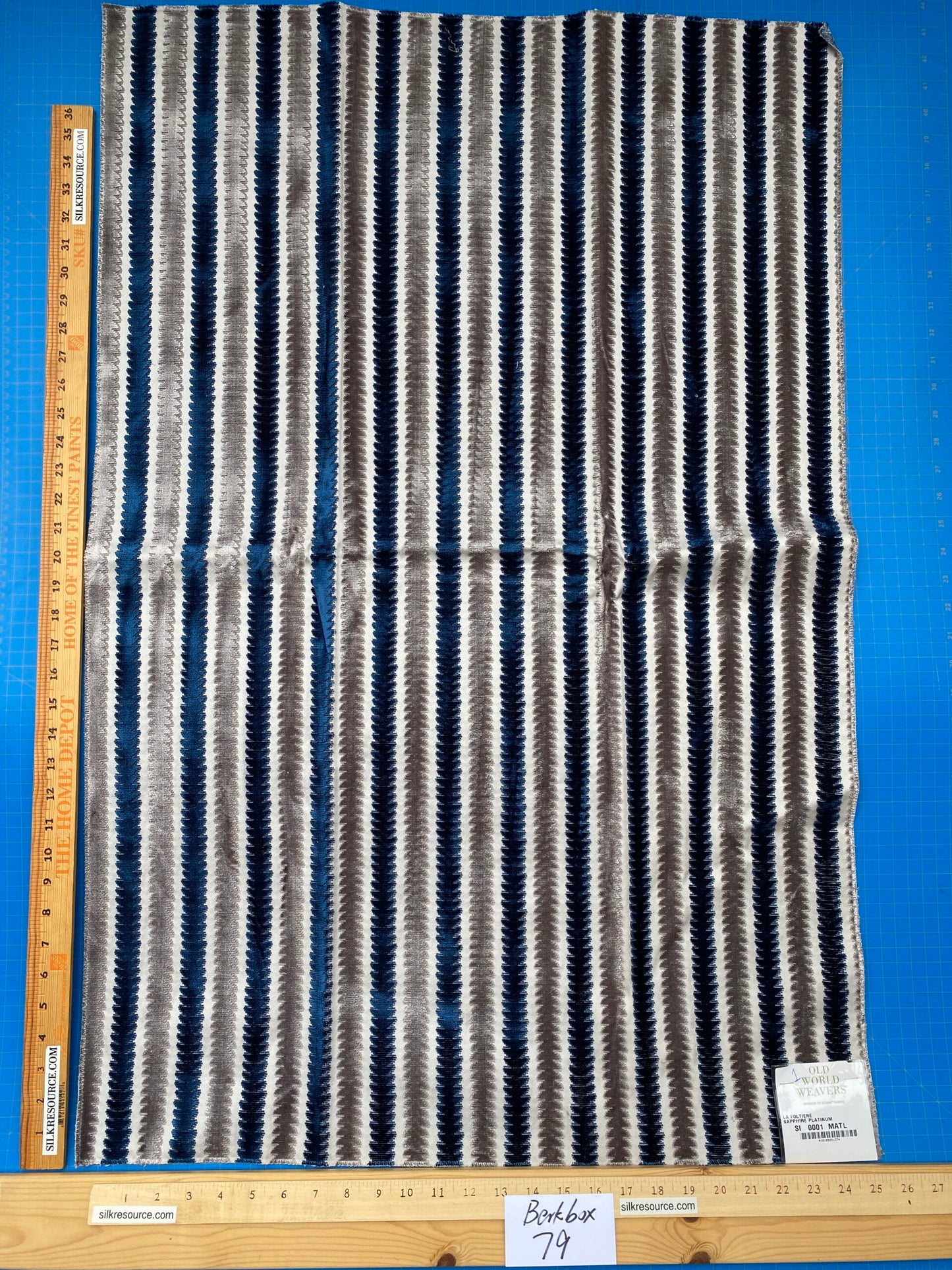 4 Berkbox79 Square Velvet by  Old World Weavers La Foltiere Sapphire Platinum Stripe Blue and Gray 1.1yard X 25" MSRP USD 228/y