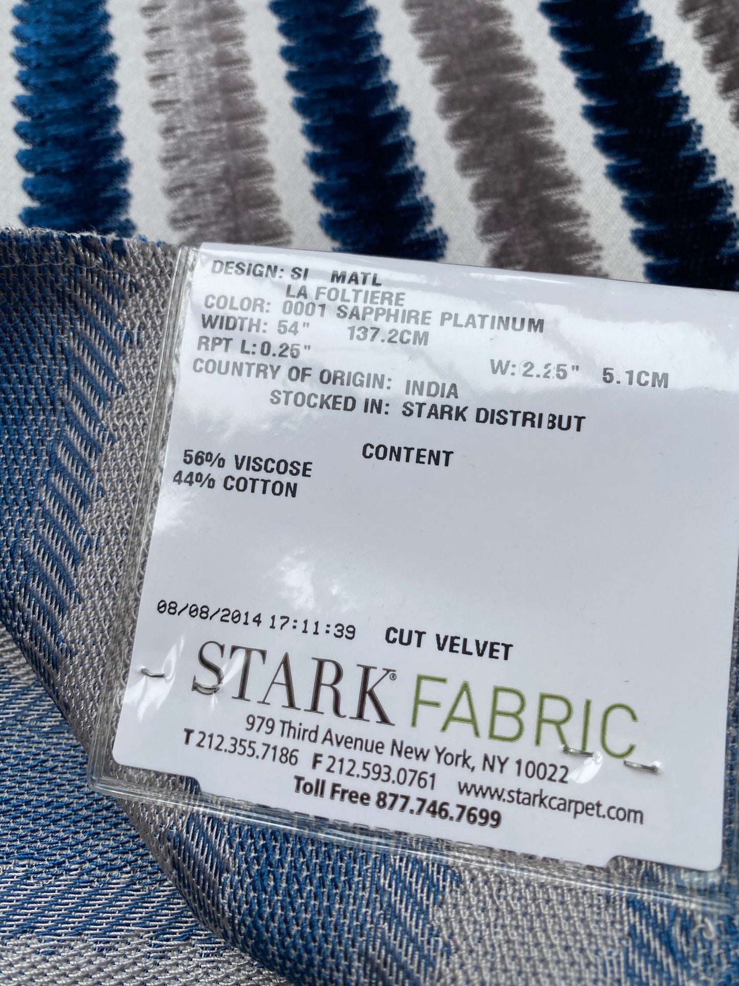 4 Berkbox79 Square Velvet by  Old World Weavers La Foltiere Sapphire Platinum Stripe Blue and Gray 1.1yard X 25" MSRP USD 228/y