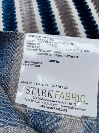 4 Berkbox79 Square Velvet by  Old World Weavers La Foltiere Sapphire Platinum Stripe Blue and Gray 1.1yard X 25" MSRP USD 228/y