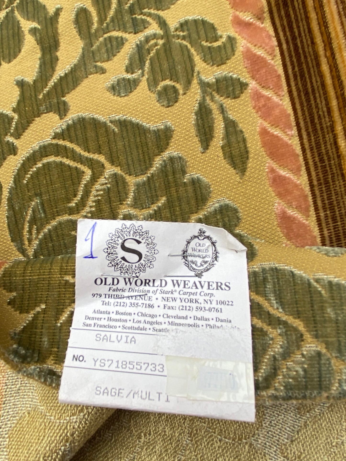 6 Berkbox79 Square Velvet by Old World Weavers Salvia Sage Multi Green Gold Floral Stripe MSRP USD 800+/y