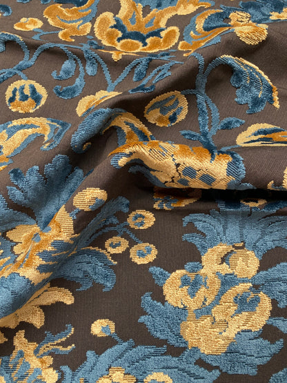 2 Berkbox80 Square Velvet by Grey Watkins Cherbourg Blue Brown Gold Botanical Foliage 26"x26"  MSRP USD300+/y