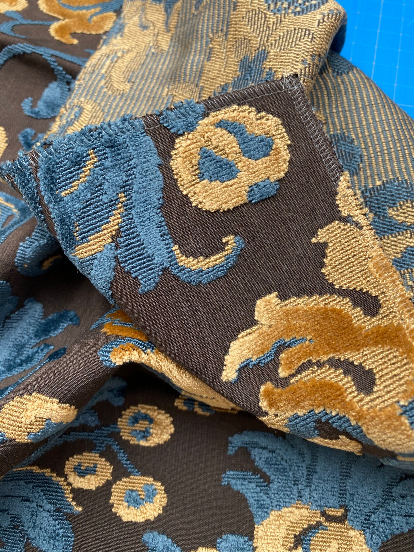 2 Berkbox80 Square Velvet by Grey Watkins Cherbourg Blue Brown Gold Botanical Foliage 26"x26"  MSRP USD300+/y