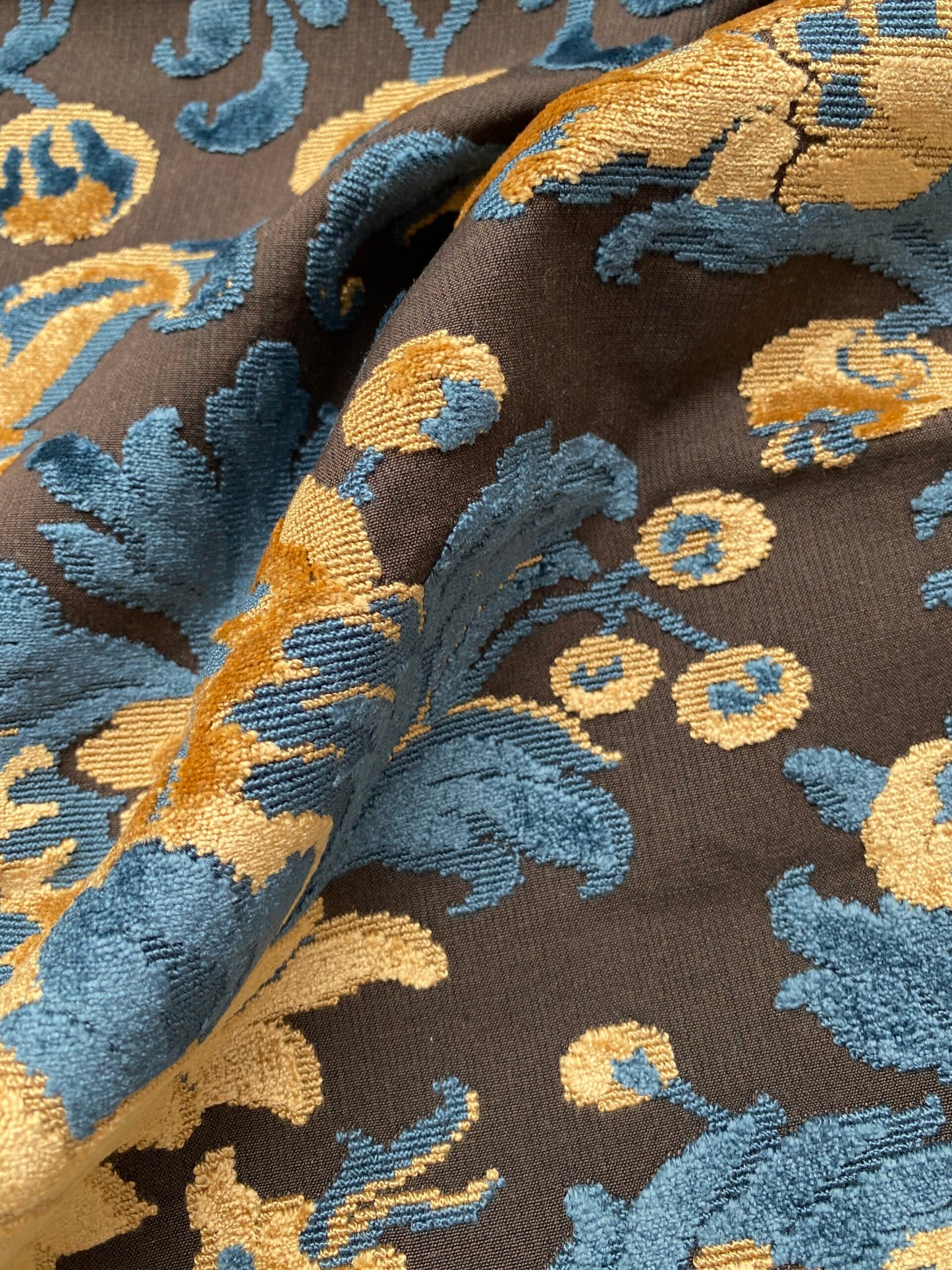 2 Berkbox80 Square Velvet by Grey Watkins Cherbourg Blue Brown Gold Botanical Foliage 26"x26"  MSRP USD300+/y