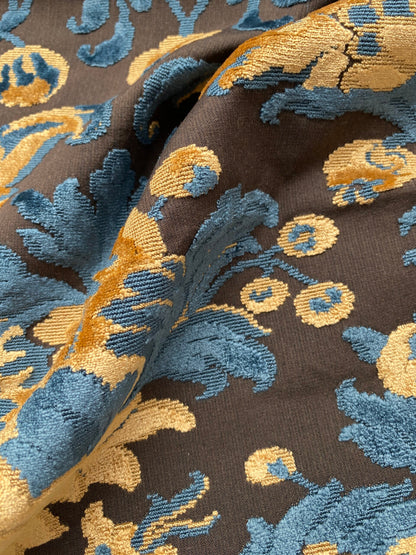 2 Berkbox80 Square Velvet by Grey Watkins Cherbourg Blue Brown Gold Botanical Foliage 26"x26"  MSRP USD300+/y