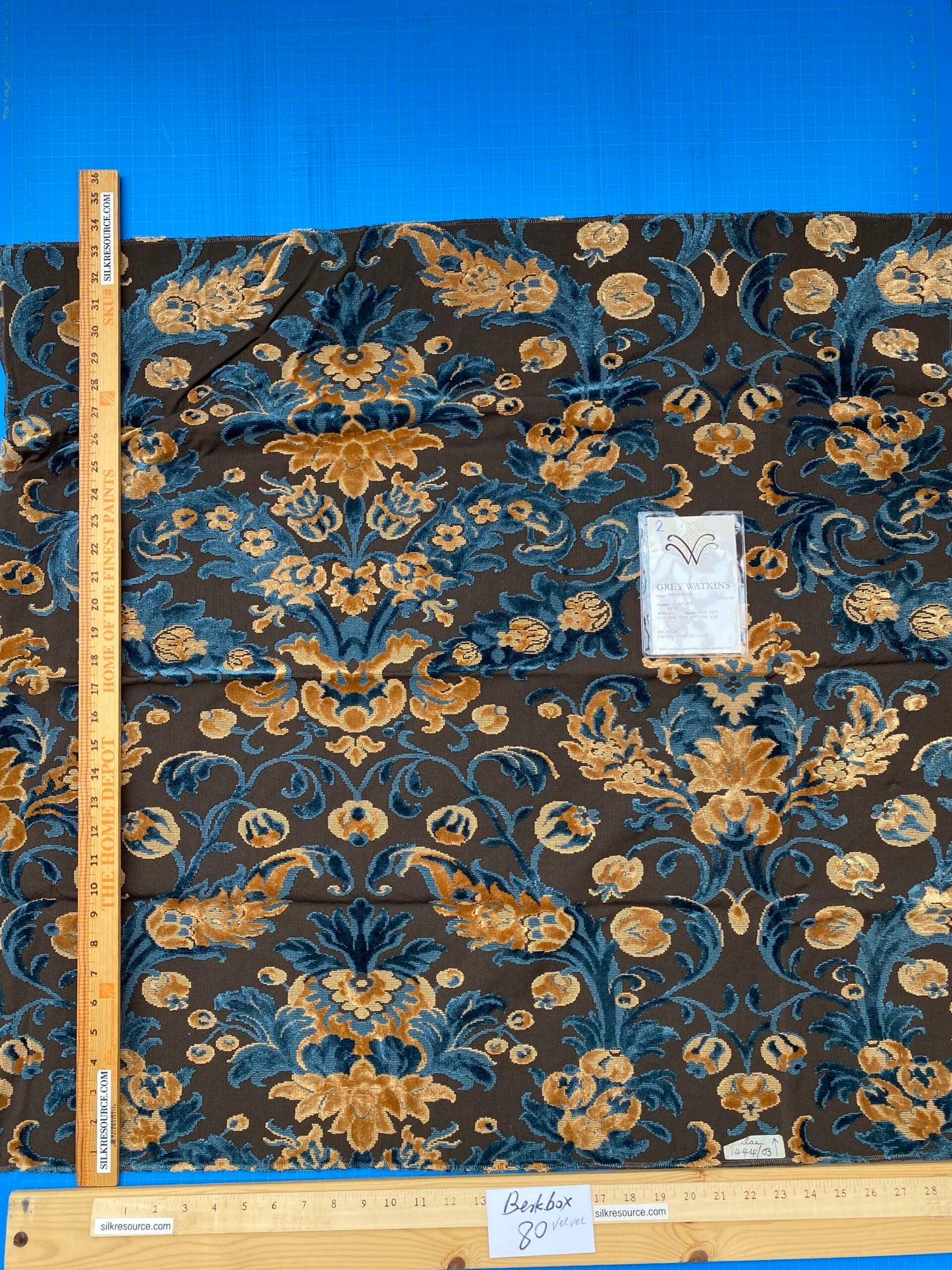3 Berkbox80 Square Velvet by Grey Watkins Cherbourg Blue Brown Gold Botanical Foliage MSRP USD300+/y