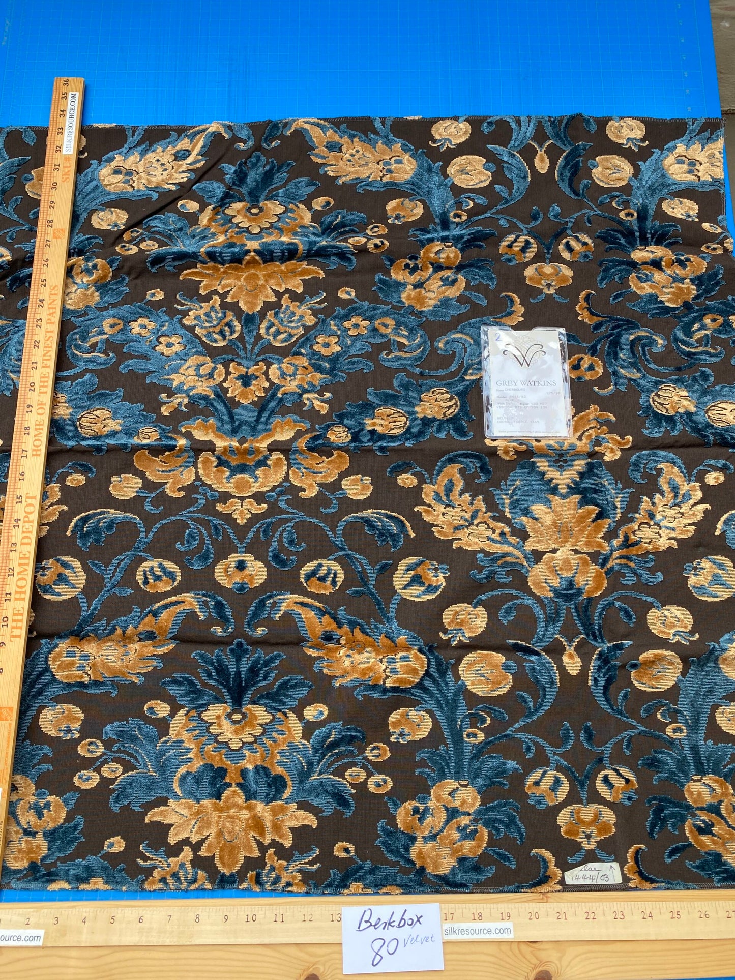 3 Berkbox80 Square Velvet by Grey Watkins Cherbourg Blue Brown Gold Botanical Foliage MSRP USD300+/y